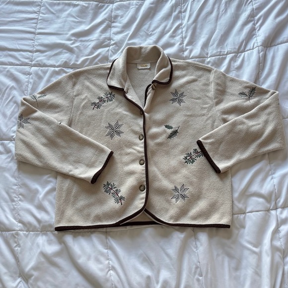 Talbots Sweaters - Vintage Talbots Fleece Cardigan Jacket Cream Embroidered Snowflake Holly XL
